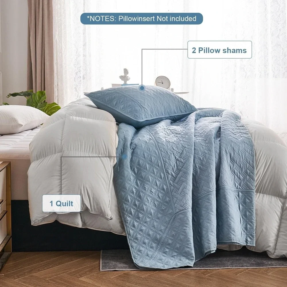 Quilt Set, 3 Piece Soft Basket Weave Sage Green Bedspread King Light Blue